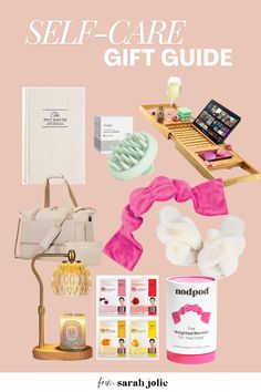 the self - care gift guide is displayed on a pink background with accessories and items