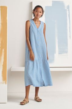 High-twist linen in Cornflower. Striped Linen Dress, Striped Sleeveless Dress, Summer Stripes, Suede Sandals, Fashion Design Clothes, Striped Linen