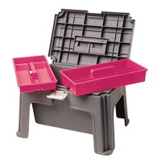 a pink and gray plastic tool box on a grey stool with trays for tools