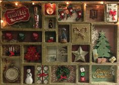 a christmas display with ornaments and decorations