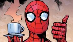 a spider - man holding a coffee cup and giving the thumbs up