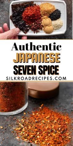 an assortment of japanese spices on a plate and in a glass container with text overlay that reads authentic japanese seven spice