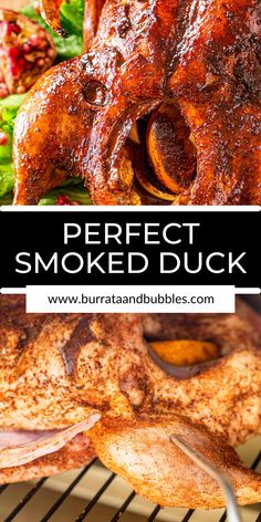 the perfect smoked duck recipe is ready to be eaten on the grill and served with salad