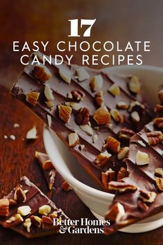 the cover of 17 easy chocolate candy recipes by better homes and gardens, with nuts on top