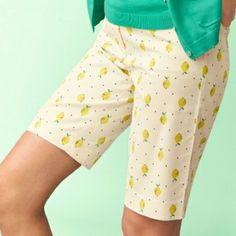 Nwot Talbots Lemons & Dots "The Perfect Shorts" Bermuda Shorts. Sunny Bright Yellow Lemons & Black Dots On An Ivory Background. Two Front Pockets, Two Back Pockets (Yet To Be Opened). So Much Fun! 98% Cotton 2% Spandex - Machine Wash Cold. Inseam 11.5" Waistband Laying Flat 16" Rise 10" Spring Lemon Print Bottoms, Playful Yellow Cotton Bottoms, Casual Bottoms With Lemon Print For Spring, Casual Lemon Print Bottoms For Spring, Fitted Bottoms With Lemon Print For Spring, Cute Yellow Cotton Bottoms, Cute Fitted Yellow Bottoms, Playful Yellow Shorts For Spring, Playful Yellow Spring Shorts