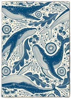 a blue and white drawing of two dolphins swimming in the ocean with stars on it