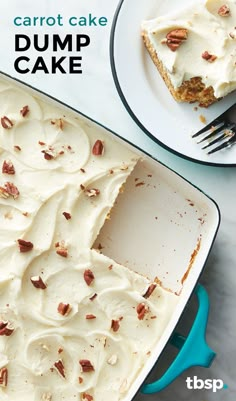 carrot cake with cream cheese frosting and pecans in the middle on a plate