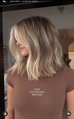 Long Brown Hair To Short Blonde Hair, Subtle Balyage Short Hair, Brown Highlights On Blonde Hair Short, Blonde With Dimension Balayage, Highlight With Curtain Bangs, Short Hairstyle Blonde Women, Long Bob Hairstyles Blonde Balayage, Medium Length Brown And Blonde Hair, Fall Blonde Shoulder Length Hair