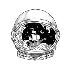 an astronaut's helmet with a ship in the sky and stars on it, drawn by