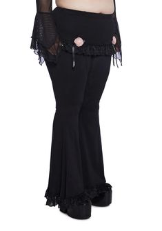 Plus Size Widow Flared Pants With Lace Ruffles And Built In Mini Skirt - Black – Dolls Kill Pants With Skirt, Plus Size Alternative, Plus Size Mini Skirt, Pants With Lace, Black Doll, Lace Hem, Flared Pants, Lace Ruffle, Dolls Kill