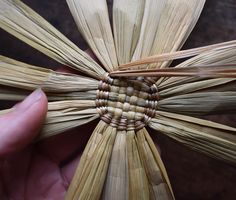 a hand holding a piece of bamboo in it's palm fronds with woven ends