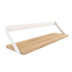 a wooden shelf with two white shelves on each side and one in the shape of a rectangle