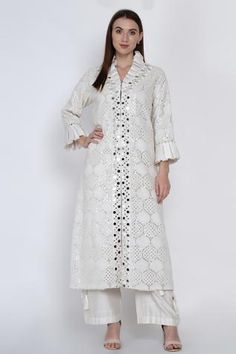 Shop for Twenty Nine White Georgette Lucknowi Mirror Embellished Jacket for Women Online at Aza Fashions Kapry Designs, Mirror Work Jacket, White Overlay, White Shirts Women, Embellished Jacket, White Mirror, Boutique Dress Designs, Women Jackets, Work Jacket