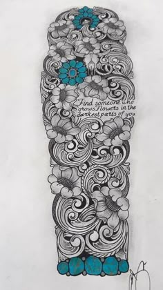 a drawing of a vase with flowers and words on the bottom, surrounded by swirls