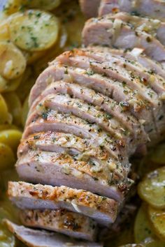 sliced pork and potatoes on a plate with parsley sprinkled on the side