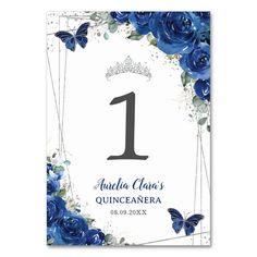 a blue rose and butterfly birthday card with the number one on it's front