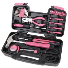 This compact tool kit contains the most useful tools for basic DIY household repairs. Picture hanging, box opening, screw tightening, this is the perfect starter kit for home repairs. Includes 8oz. claw hammer, slip joint pliers used for grasping and turning, tape measure, utility knife, bit driver with 2 inch extension and 20 most popular bit sizes, precision screwdrivers for small screws, 8 hex keys and a pair of scissors. Apollo Tools 39-Piece Household Tool Set with Hard Case | DT9706P Pink Tool Set, Toolbox Storage, Pink Tools, Hand Tool Kit, Hand Tool Set, Hand Tool Sets, Tool Box Storage, Precision Tools, Household Tools