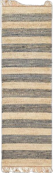 a striped rug with fringes on the bottom and one side in grey, beige and black