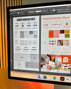 a computer screen with an ad for brand guidelines sheet on the monitor and another advertisement behind it