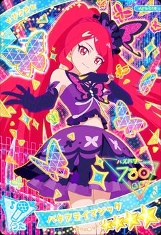 an anime character with long red hair and purple clothes, standing in front of a colorful background