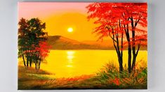 an oil painting of trees and water at sunset