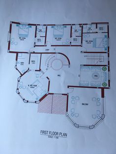 the first floor plan for a house with stairs and spiral staircases on each level