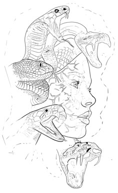 a woman's face with snakes on her head, and the words snake in black ink