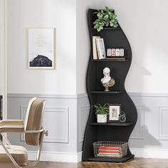 a corner bookcase in the corner of a living room