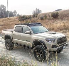 a silver truck parked on top of a dirt road next to tall grass and trees