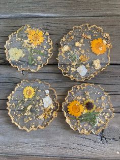 Handmade customizable resin coasters! Made with epoxy resin, gold foil, gold edging, and real pressed flowers, fruits and leaves. the fourth wedding anniversary is celebrated with gifts of fruits and flowers! here is a perfect combination gift! Great for garden parties, coffee table decor, and thoughtful gifts. Each shape is slightly different with a raw natural edge appearance. Set of 4! Dried Flower Resin Coasters, Fruits And Flowers, Pressed Flower Crafts, Money Bouquet, Bouquet Preservation, Surfboard Art, Tea Coaster, Coffee Table Decor, Resin Coasters