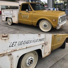 an old yellow truck parked in front of a gas station with writing on the side