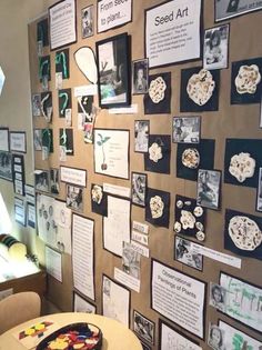 a wall covered in pictures and magnets next to a table with a plate on it