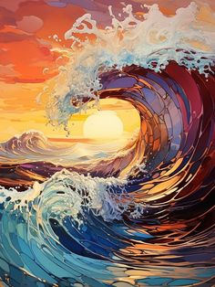 a painting of an ocean wave at sunset