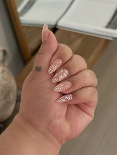 Nails nail inspo talavera almond nails summer nails medium nails white nails White Based Nail Designs, Short Talavera Nails, White Talavera Nails, Fall Mexican Nails, Mexican Almond Nails, Funky Bridal Nails, Cielito Lindo Nails, White Mexican Nails, White With Flowers Nails