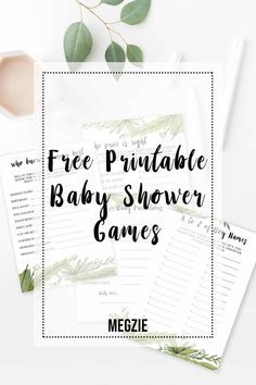 free printable baby shower games with greenery on the side and text overlay