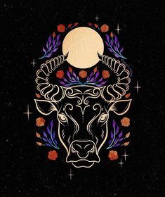 the head of a bull with horns and wreaths around it on a black background