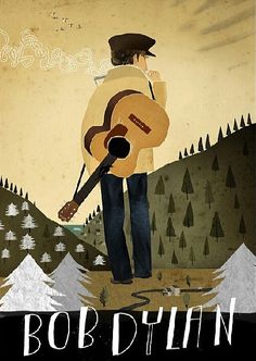 a man holding a guitar standing on top of a hill next to trees and mountains