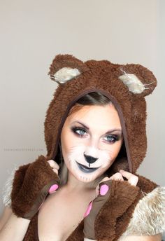 Bear Makeup Cute, Easy Bear Costume, Teddy Bear Costume Makeup, Bear Face Makeup, Bear Halloween Costume Makeup, Cute Bear Makeup Halloween Easy, Bear Halloween Makeup, Diy Bear Costume