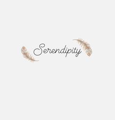 the word serendipity written in black ink on a white background with feathers