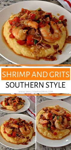 shrimp and grits southern style on top of mashed potatoes