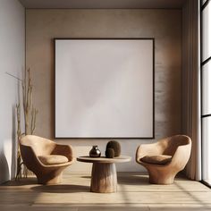 a living room with two chairs and a table in front of a large poster on the wall