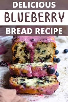 delicious blueberry bread with fresh berries on top is cut in half and stacked high