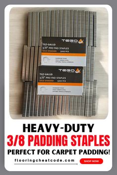 Here is a Two boxes of Tego 3/8-inch staples labeled 'Gold Standard' on a wooden surface. Carpet Padding, High Carbon Steel, Built To Last