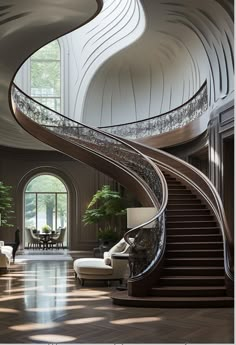 a spiral staircase in the middle of a living room with white furniture and large windows