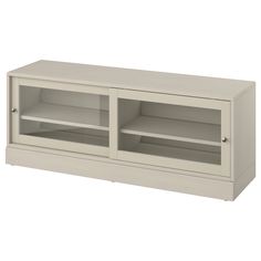 a white tv stand with two shelves on each side