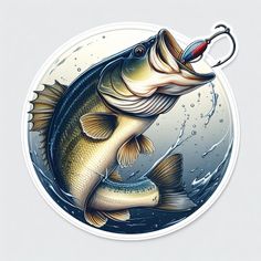 a fish with a fishing hook in it's mouth on a white circle background