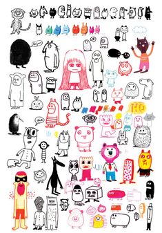 an illustrated drawing of people and animals in different colors