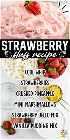 Strawberry Fluff Fruit Salad With Strawberries, Sugar Free Strawberry Fluff, Strawberry Fluff Recipe, Fluffy Pink Strawberry Delight, Summer Fluff Desserts, Fluff Recipes Desserts Marshmallow, Potluck Picnic Dishes, Easy Fluff Recipes, Things To Bring To A Cookout