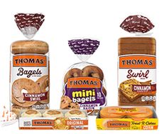 breads and pastries are displayed on a white background with the words, thomas's mini bagels