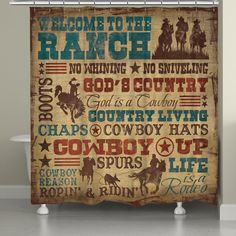 a cowboy themed shower curtain with the words welcome to the ranch and horses on it